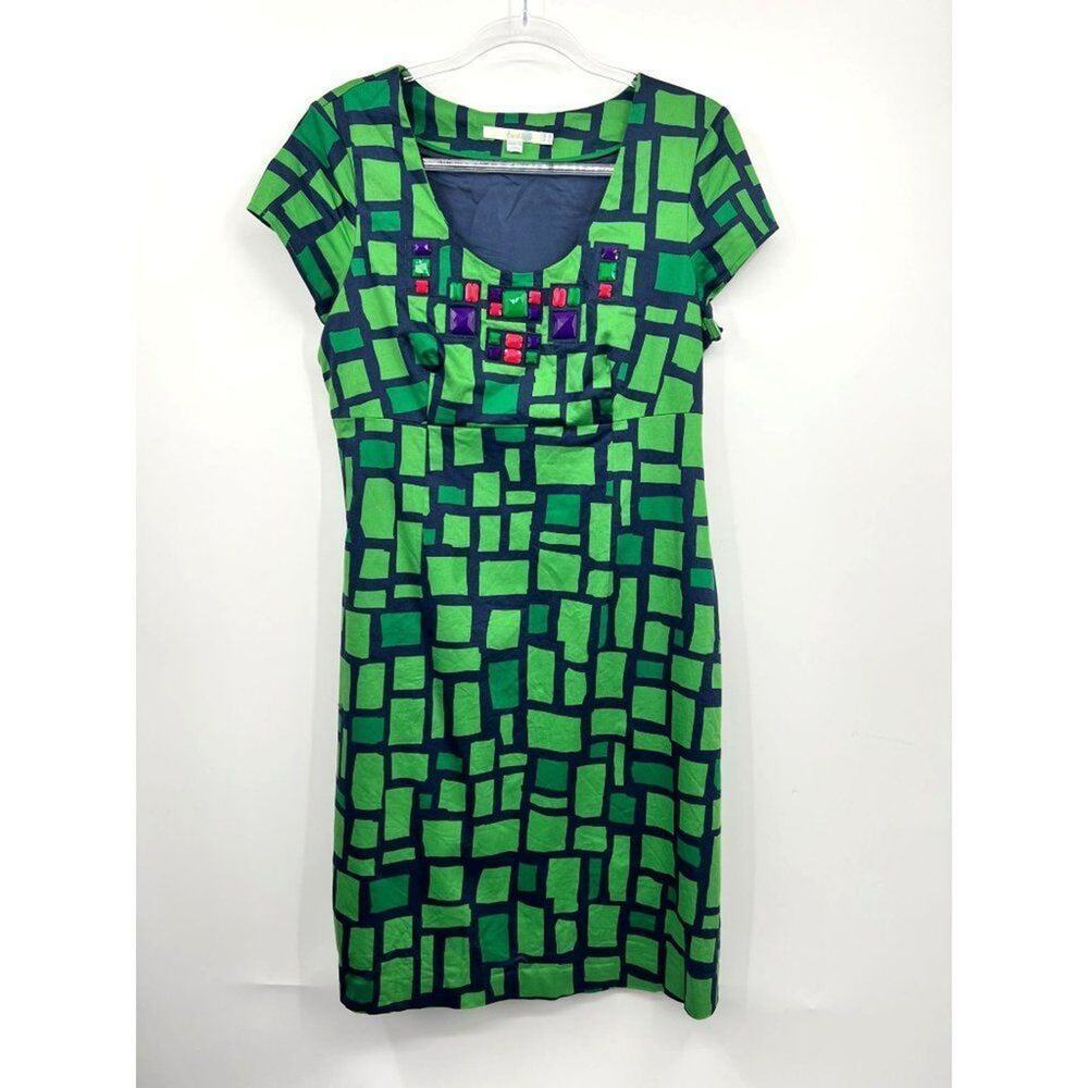 Boden Navy Kelly Green Shift Dress US 10 Embellished Jeweled Knee Length Pockets